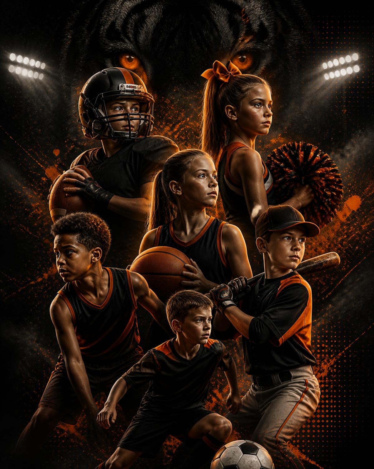 Six young Stockbridge Tiger Cubs athletes — football, cheer, girls basketball, boys basketball, soccer and baseball — under stadium lights